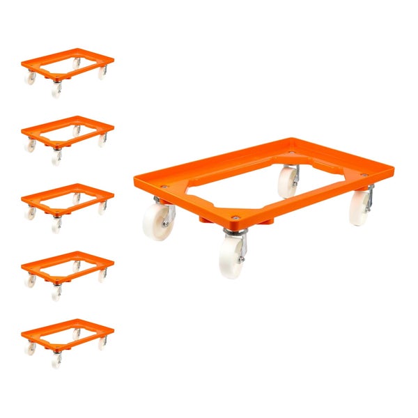 PROREGAL SparSet 6x Transportroller für Euroboxen 60 x 40 cm mit Kunststoffräder Orange Offenes Deck 4 Lenkrollen Traglast 300 kg
