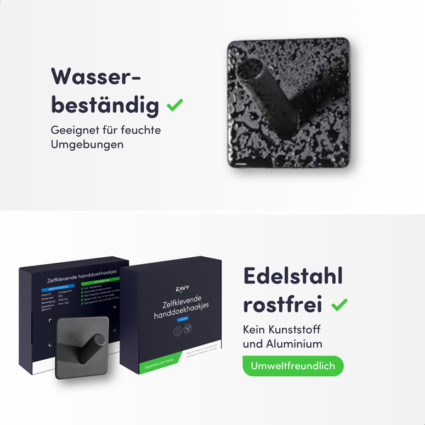 Selbstklebende Handtuchhaken aus rostfreiem Edelstahl, wasserbeständig für feuchte Räume, 4er-Set in Produktverpackung.
