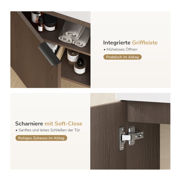 Details eines Badezimmerschranks mit integrierter Griffleiste und Scharnier mit Soft Close Funktion für sanftes Schließen der Tür.