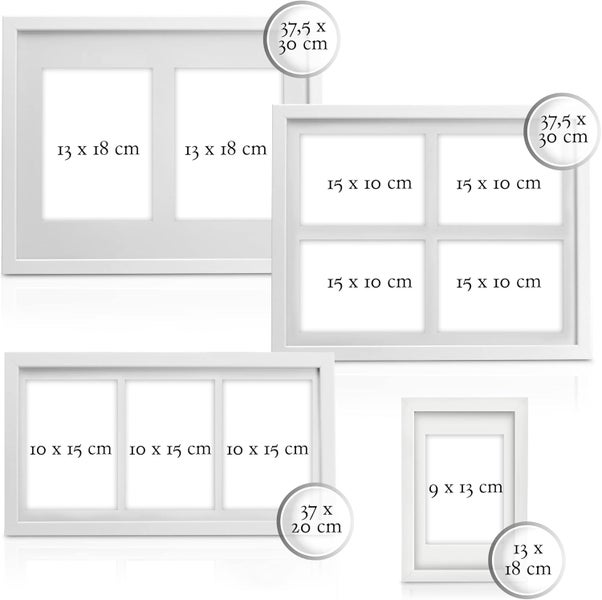 Verschiedene Galerierahmen für mehrere Fotos in verschiedenen Größen und Formaten mit Maßangaben für die Bildausschnitte.