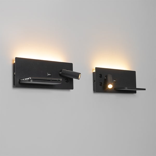 2er Set Wandleuchte schwarz inkl. LED mit USB und Induktionsladegerät - Riza