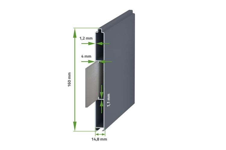Aluminiumprofil mit Maßen: Höhe 160 Millimeter, Breite 14,8 Millimeter, Wandstärke 1,2 Millimeter und 1,1 Millimeter, Nut 4 Millimeter.