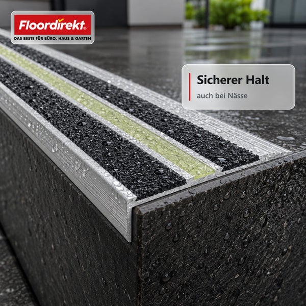 Floordirekt Logo, Treppenkantenprofil aus Aluminium mit rutschfester Antirutschauflage und Leuchtstreifen für sicheren Halt bei Nässe.