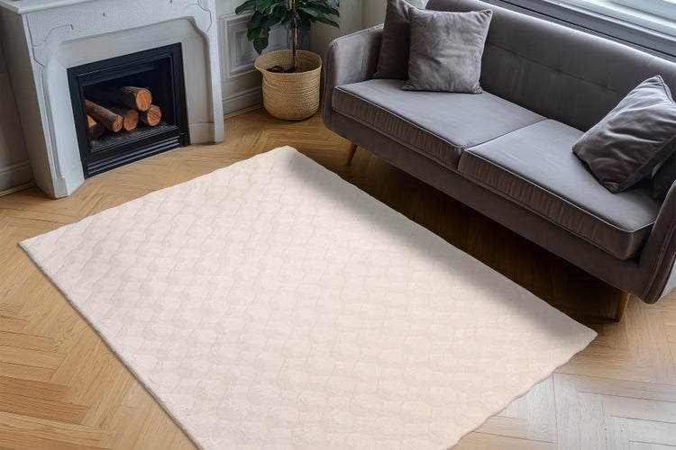 Ein rechteckiger Teppich in Wohnzimmer mit Kamin und Sofa auf Parkettboden.