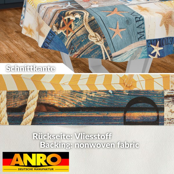 Wachstuch-Tischdecke mit maritimem Muster, Seesternen und Seilen, Detailansicht der Schnittkante und des Vliesrückens, ANRO Logo.