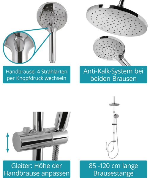 Calmwaters® Duschsystem Chrom, mit Regendusche & Handbrause, 3-strahlige Handbrause, wassersparend, Anti-Kalk, höhenverstellbar, Kleben oder Bohren, 20DP6157