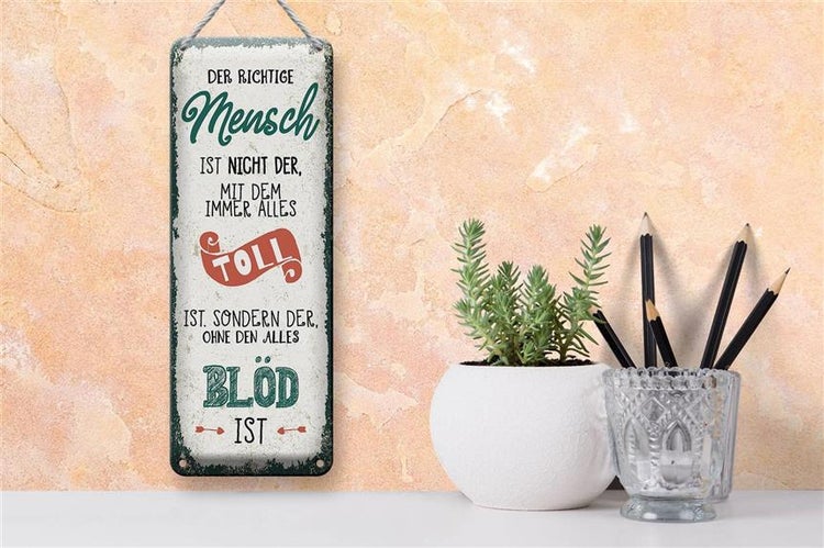 Blechschild Spruch der richtige Mensch ohne alles blöd 10x27cm