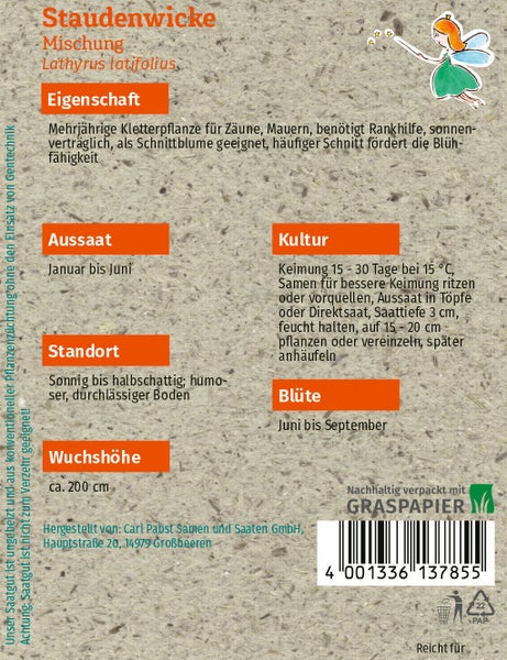 Rückseite einer Samentüte für Staudenwicke mit Informationen zu Aussaat, Standort, Wuchshöhe circa 200 Zentimeter und Blütezeit auf Graspapier.