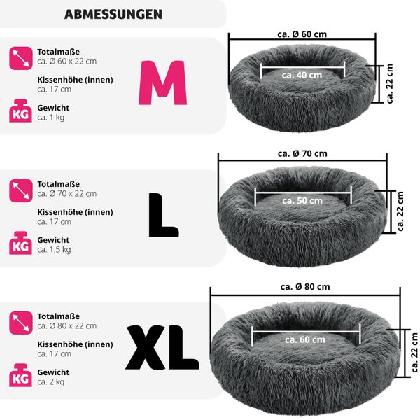 Abmessungen von Tierbetten in den Größen M, L und XL mit Größenangaben