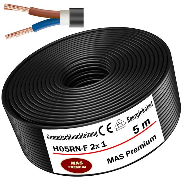Gummischlauchleitung H05RN-F 2x1, 5 Meter, von MAS Premium, mit Detailansicht der zweipoligen Kabelstruktur.