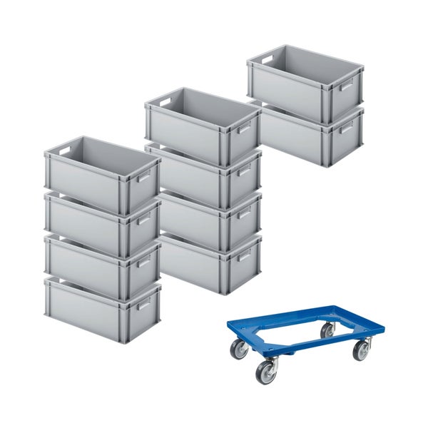 PROREGAL SparSet 10x Eurobehälter mit Offenem Griff und 1 x Transportroller Blau HxBxT 22 x 40 x 60 cm 38 Liter Eurobox Transportbox