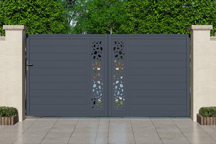 Schiebetor 3,5m SUNNY H.180cm graues Aluminium + 2 Pfosten 20x20cm H.190cm