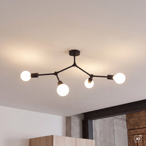 Moderne Deckenleuchte mit vier Lichtquellen in geometrischer Form an der Zimmerdecke montiert.