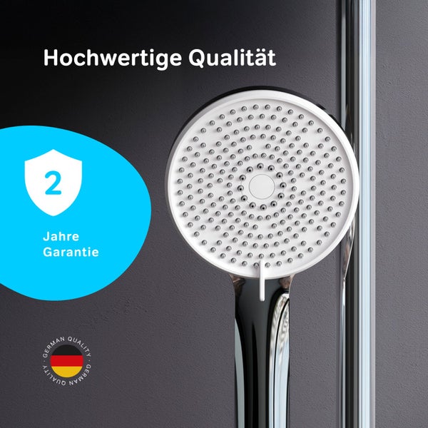 Runder Duschkopf mit Antikalkdüsen und zwei Jahren Garantie sowie deutschem Qualitätssiegel.