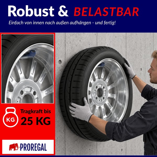Wandhalterung für Autoreifen mit einer Tragkraft von 25 Kilogramm von Proregal. Ein Mann montiert einen Reifen an einer Betonwand.