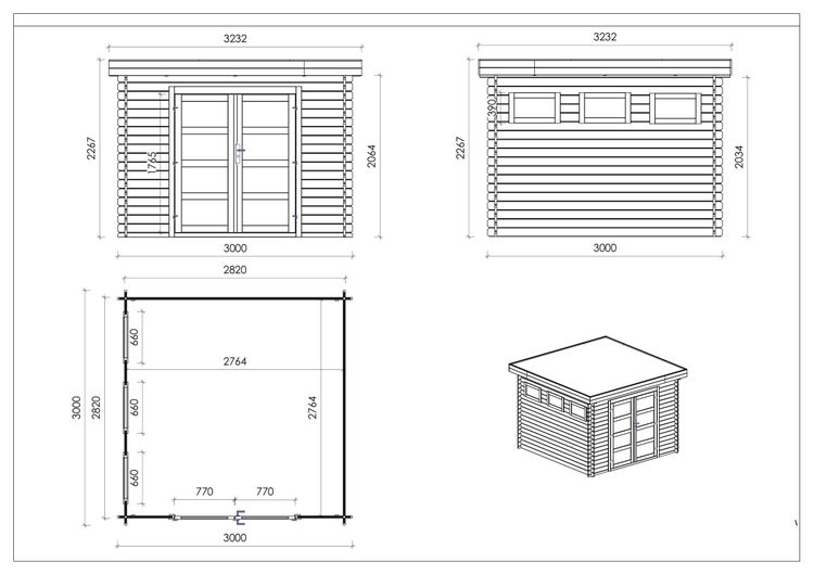Gartenhaus, Gerätehaus 9m2 - 3x3m - 28mm - Imprägniert