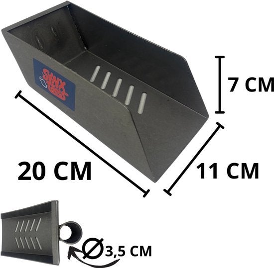 Werkzeugablage aus Metall mit den Maßen 20 cm x 11 cm x 7 cm und einer Halterung von 3,5 cm Durchmesser
