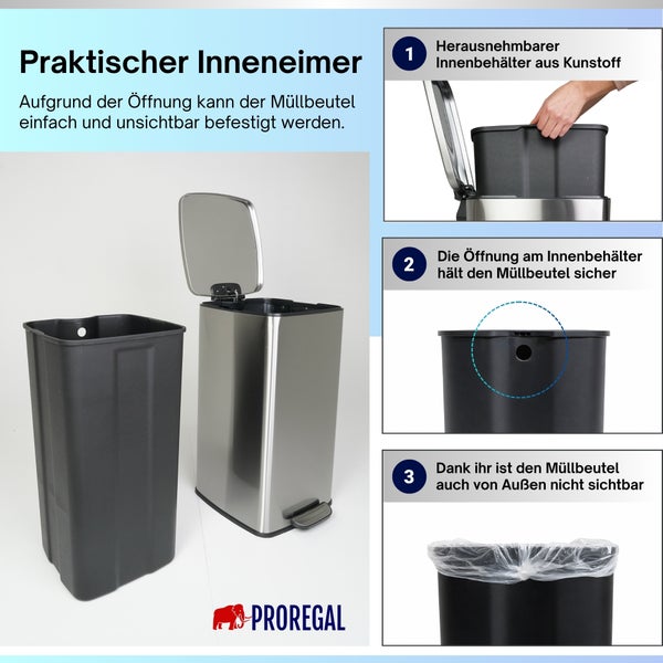 Tretabfalleimer aus Edelstahl mit herausnehmbarem Inneneimer aus Kunststoff und Fixieröffnung für Müllbeutel. Proregal Logo.