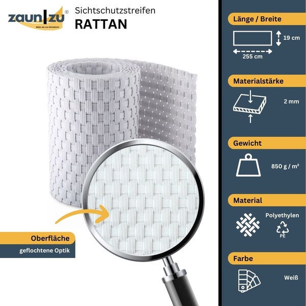 Zaun zu Sichtschutzstreifen Rattan, geflochtene Optik, 255 cm Länge, 19 cm Breite, 2 mm Materialstärke, 850 g/m² Gewicht, Polyethylen, Farbe Weiß