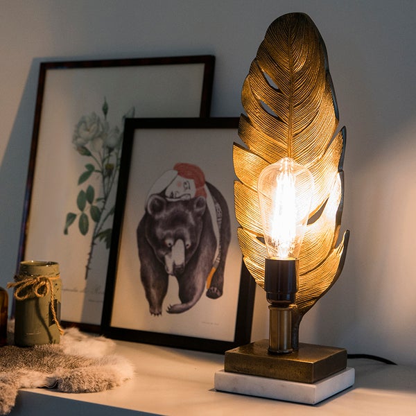 Art Deco Tischlampe Bronze mit Marmorsockel - Blatt