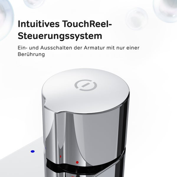 Nahaufnahme einer Waschtischarmatur mit intuitivem TouchReel Steuerungssystem zur Bedienung mit einer Berührung.