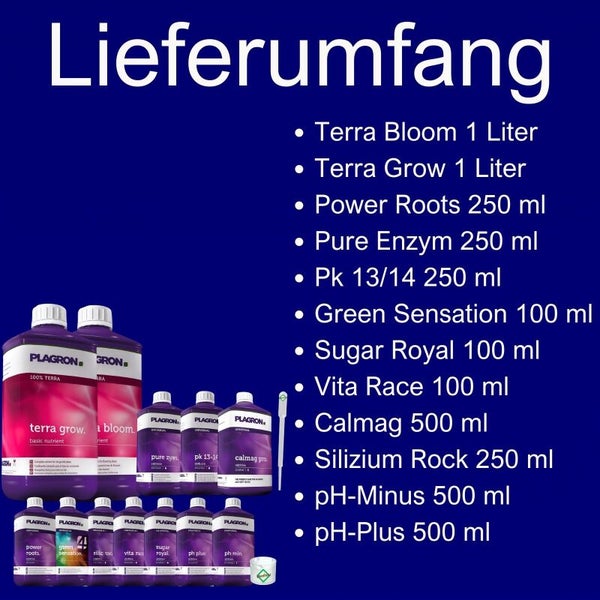 Plagron Düngerset mit Terra Bloom, Terra Grow, Power Roots, Pure Enzym, Pk 13/14, Green Sensation, Sugar Royal, Vita Race, Calmag, Silizium Rock, pH-Minus und pH-Plus