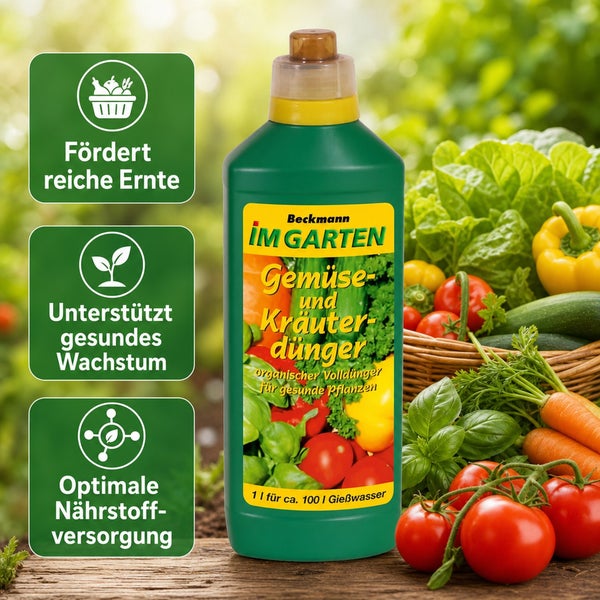 Beckmann im Garten Gemüse und Kräuterdünger 1 Liter Flasche für eine reiche Ernte und gesundes Pflanzenwachstum.