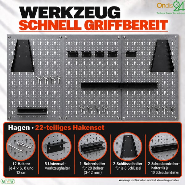 Wandlochplatte aus Metall mit 22 teiligem Hakenset zur Werkzeugaufbewahrung inklusive Bohrerhalter, Schlüsselhalter und Schraubendreherhalter.