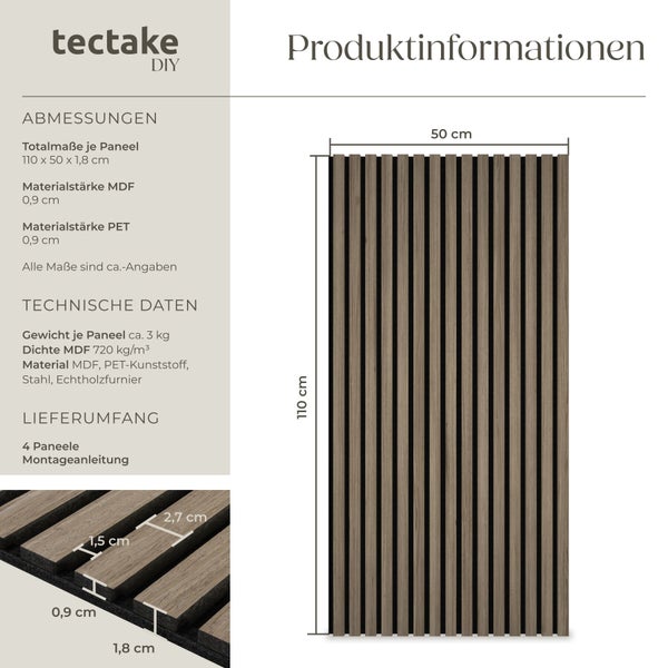 Produktinformationen zu einem Paneel mit den Maßen 110 x 50 x 1,8 cm, Materialstärken von 0,9 cm für MDF und PET, einem Gewicht von circa 3 kg, einer Dichte von 720 kg/m³, gefertigt aus MDF, PET-Kunststoff, Stahl und Echtholzfurnier. Im Lieferumfang enthalten sind vier Paneele und eine Montageanleitung.