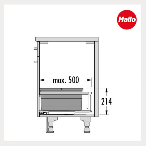 Technische Zeichnung eines Hailo Abfalltrennsystems im Unterschrank mit den Maßen maximal 500 und 214. Hailo Logo.