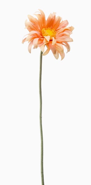 Künstliche Gerbera mit langem grünem Stiel und orangefarbenen Blütenblättern.