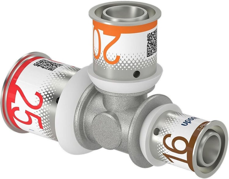Uponor T-Stück Pressfitting aus Metall für Verbundrohre mit Größenangaben und QR-Code.
