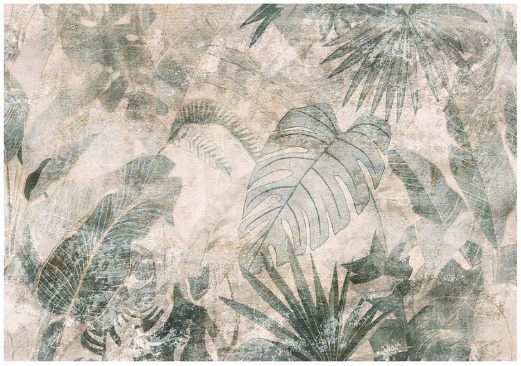 Nahaufnahme einer gemusterten Tapete mit tropischen Blättern