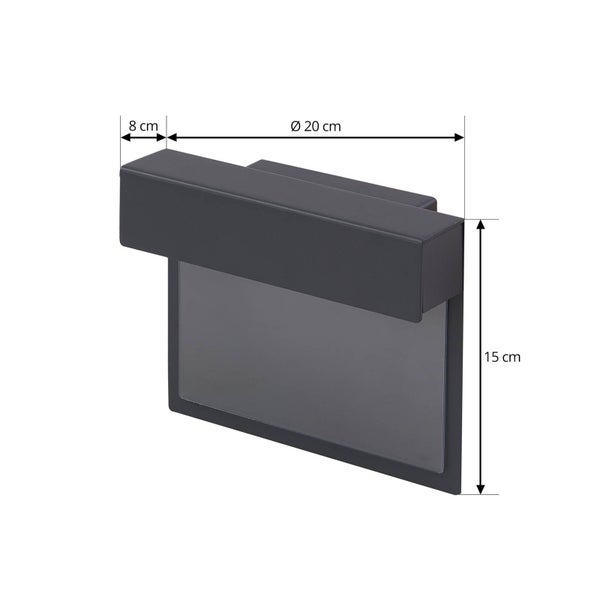 Schwarze Außenwandleuchte mit den Maßen: Breite 20 Zentimeter, Höhe 15 Zentimeter und Tiefe 8 Zentimeter.