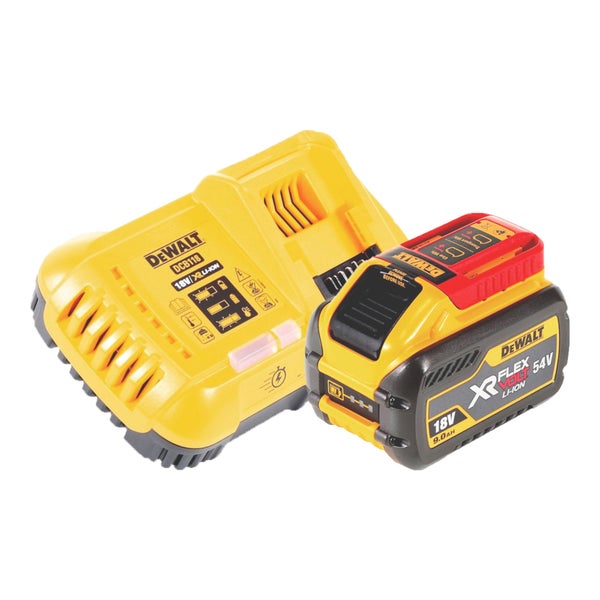 DeWalt Schnellladegerät DCB118 und FlexVolt Akku mit 18 Volt beziehungsweise 54 Volt und 9 Amperestunden Kapazität