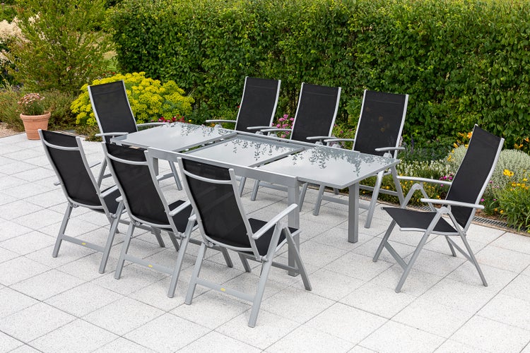 Carrara Gartenmöbelset 9tlg., Klappsessel, Semi Ausziehtisch 150 (220) x 90 cm, schwarz