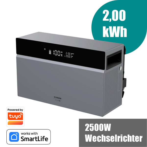 Conow CBE2000 Pro tragbare Powerstation, 2,00 Kilowattstunden Kapazität, 2500 Watt Wechselrichter, digitales Display, Tuya Logo, SmartLife Logo.