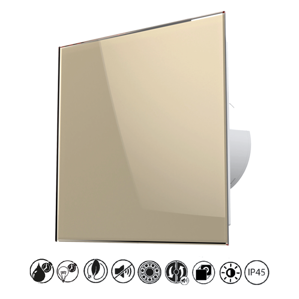 Badlüfter mit goldfarbener Glasfront, Feuchtigkeitssensor, Nachlaufrelais, Kugellager und Schutzart IP45.