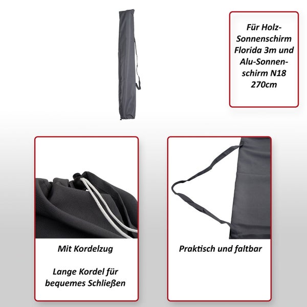 Schutzhülle für Holz Sonnenschirm Florida drei Meter und Aluminium Sonnenschirm N18 270 Zentimeter mit Kordelzug, lange Kordel für bequemes Schliessen, praktisch und faltbar