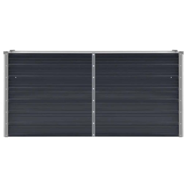 Rechteckiges Hochbeet aus Metall in Anthrazit mit Wellblech-Paneelen und stabilisierenden Metallprofilen.