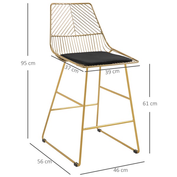 HOMCOM 2er-Set Barhocker, Bistrohocker mit Fußstütze, Kissen, Barstuhl, Küchenstuhl mit Stahlbeinen für Wohnzimmer, Esszimmer, Gold, 46 x 56 x 95 cm