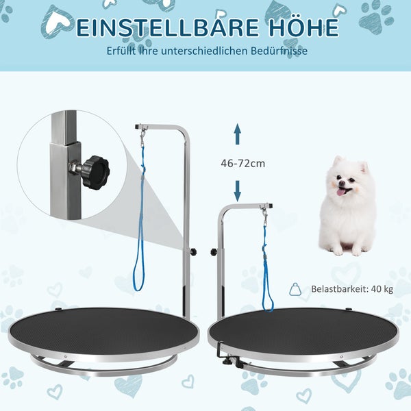 PawHut Tierpflegetisch, Ø65 x 72H cm, Gummi-Kunststoff-Verbundplatte, Edelstahl, Schwarz