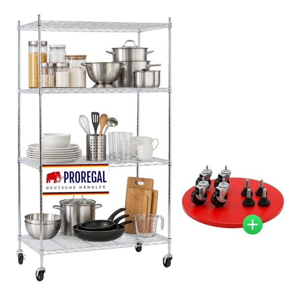 Proregal Metallregal mit vier Gitterböden auf Rollen, bestückt mit Küchenutensilien aus Edelstahl, Glas und Holz, inklusive Rollen und Standfüßen.