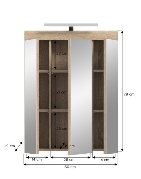 Dreitüriger Spiegelschrank fürs Bad in Eichenoptik mit Maßangaben. Höhe 79 Zentimeter, Breite 60 Zentimeter, Tiefe 19 Zentimeter.