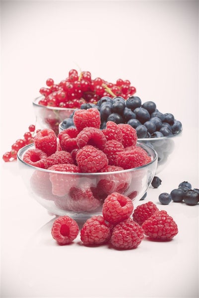 Drei Glasschalen gefüllt mit frischen Himbeeren, Heidelbeeren und Johannisbeeren als dekorative Obstauswahl.
