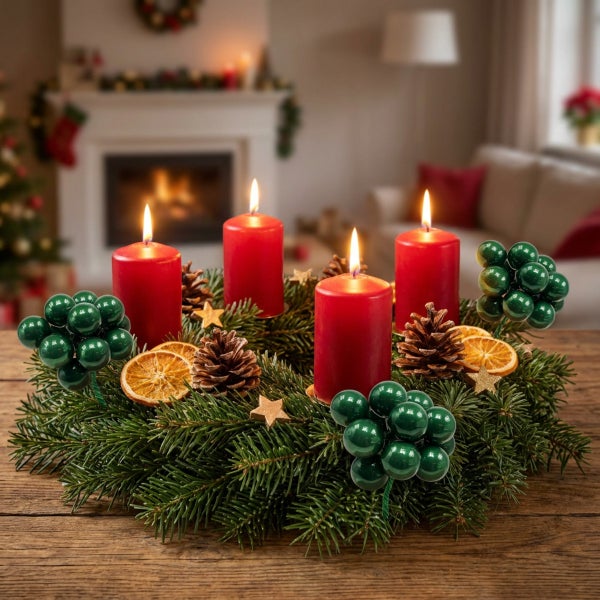 Weihnachtlicher Adventskranz aus Tannenzweigen mit vier brennenden Stumpenkerzen, dekoriert mit Tannenzapfen, Orangenscheiben und Schmuckelementen.
