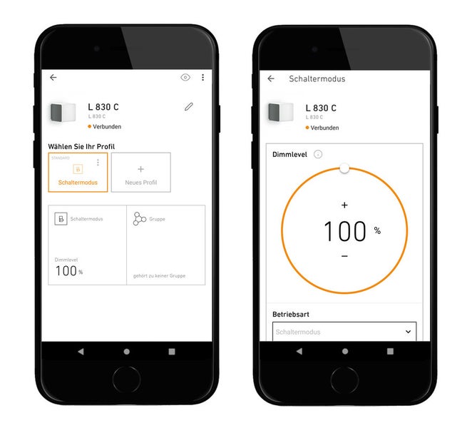 App-Steuerung für Steinel LED-Leuchte L 830 C auf zwei Smartphones mit Einstellungen für Schaltermodus und Dimmlevel von 100 Prozent.