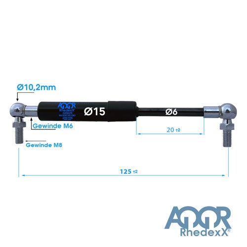Gasdruckfeder mit Maßen, Länge 125 Millimeter, Zylinder 15 Millimeter, Kolbenstange 6 Millimeter, Gewinde M6 und M8. AQQR Rhedexx Logo.