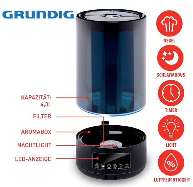 Grundig Luftbefeuchter 4,3L schwarz, Fernbedienung Aroma Diffuser Raumbefeuchter