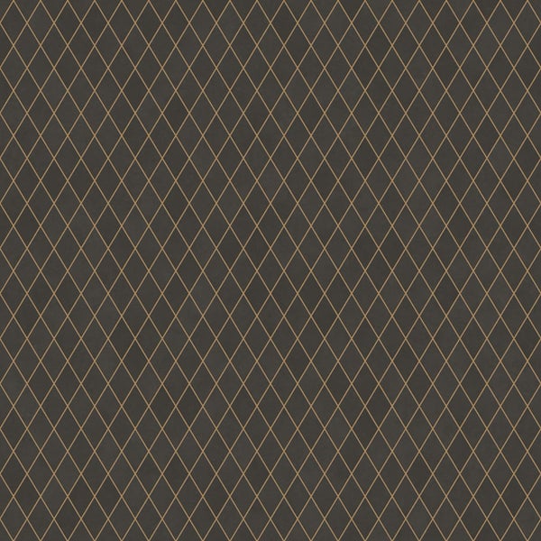 Tapete mit geometrischem Rautenmuster aus feinen goldenen Linien auf dunkelgrauem Untergrund.